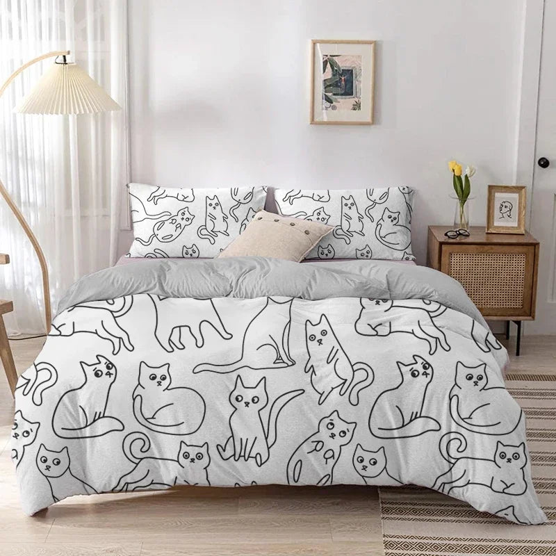 Cartoon Cat Duvet Cover Set With Pillowcase