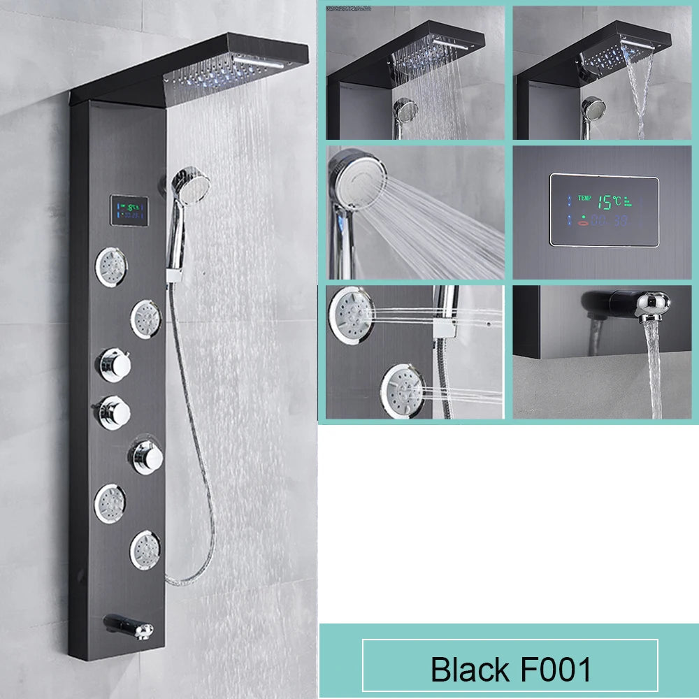 Black LED Light Shower Panel Waterfall Rain Shower
