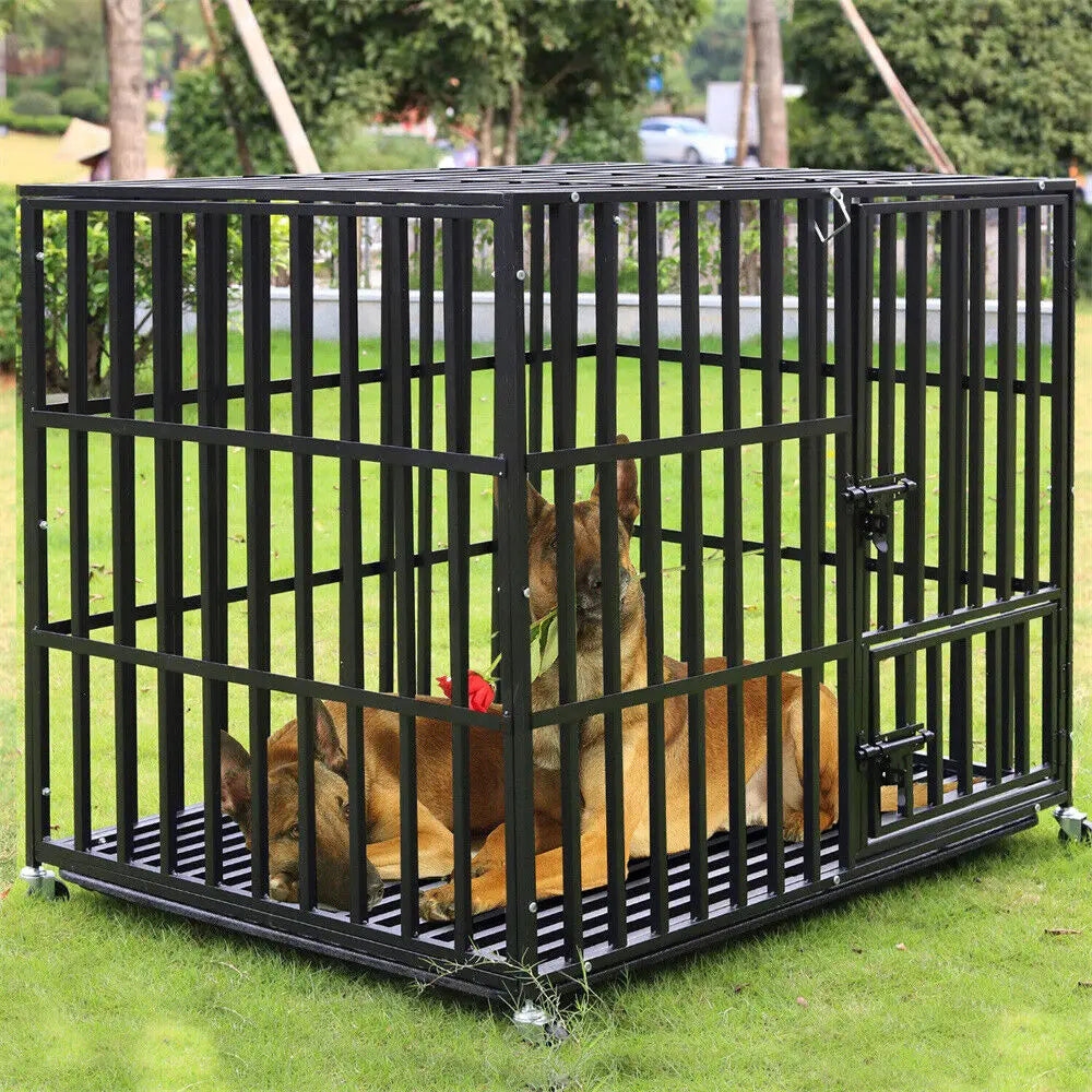 Heavy Duty Dog Crate with 4 Lockable Wheels 3 Doors and Removable Tray