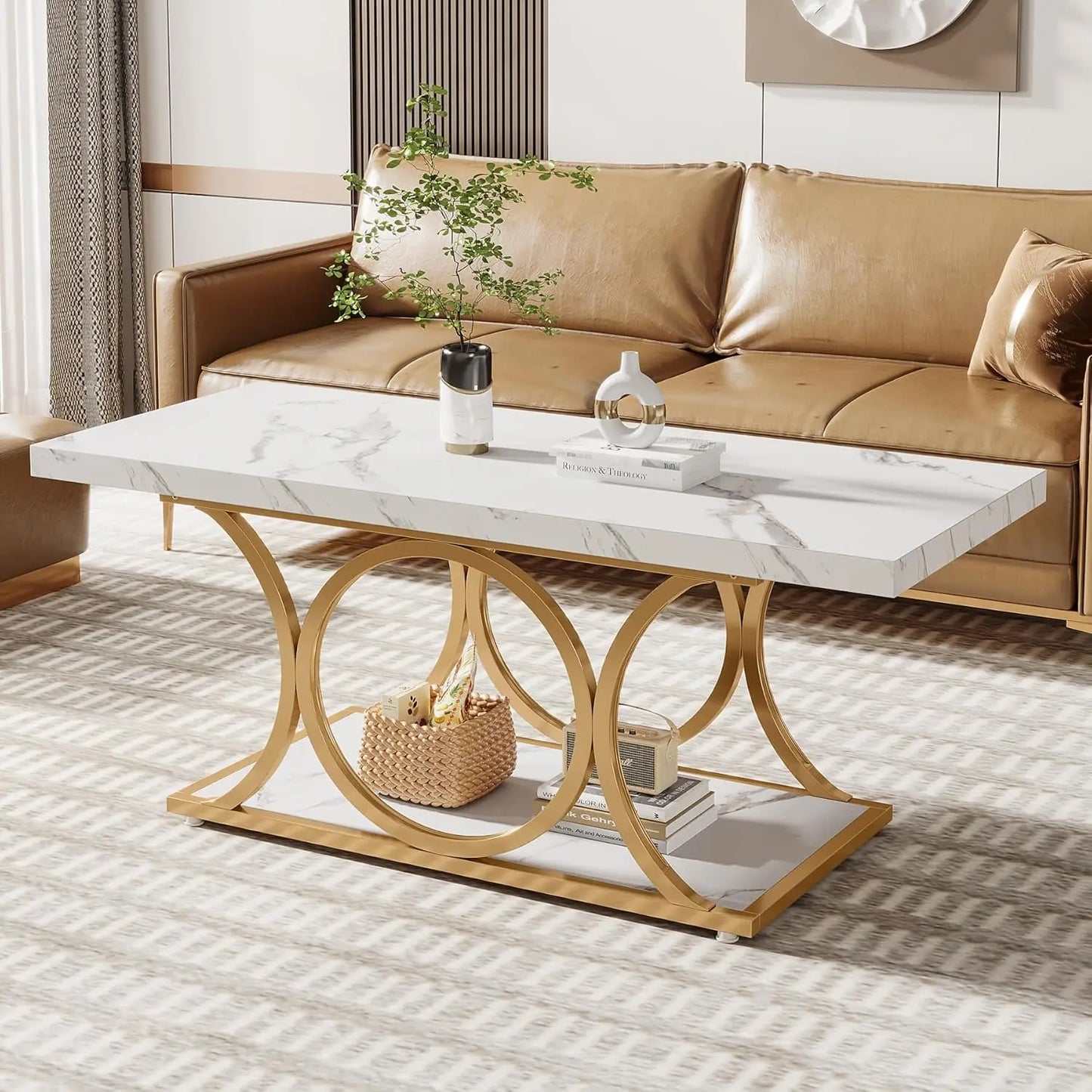 Marble Wood Coffee Table with Geometric Legs