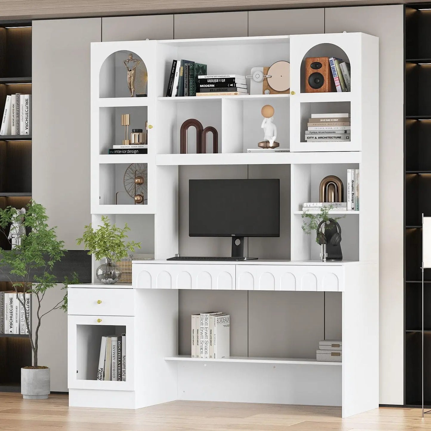 Home Office Desk with Shelves and Glass Doors