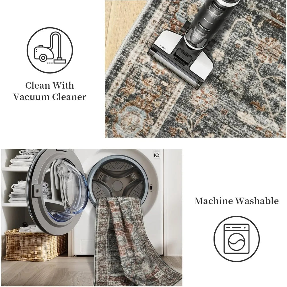 Vintage Washable Rug for Dining Room, Bedroom (Grey/Brown/Tan)