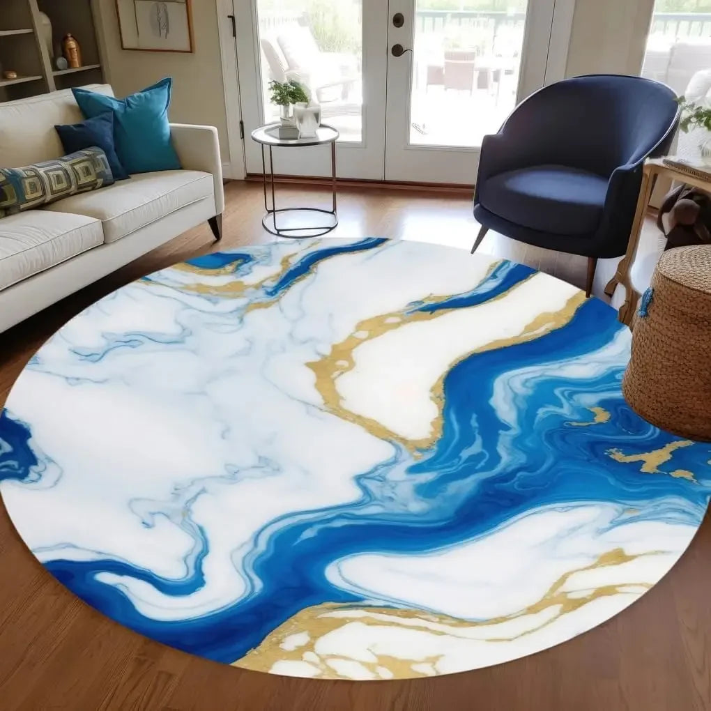 Modern Abstract Black Gold Marble Round Area Rug