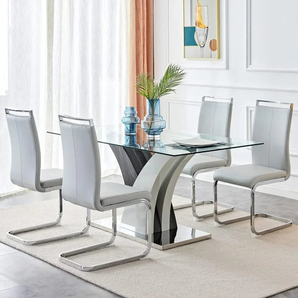Glass dining table with 4 leather chairs