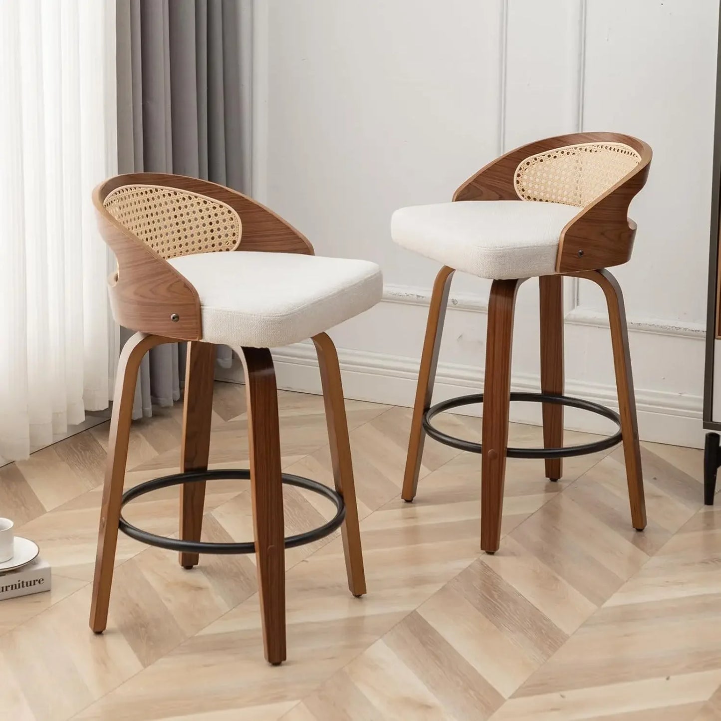 Mid-Century Swivel Rattan Bar Stools Set of 2