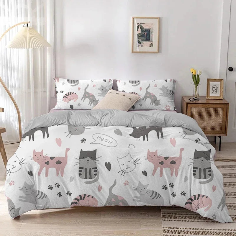 Cartoon Cat Duvet Cover Set With Pillowcase
