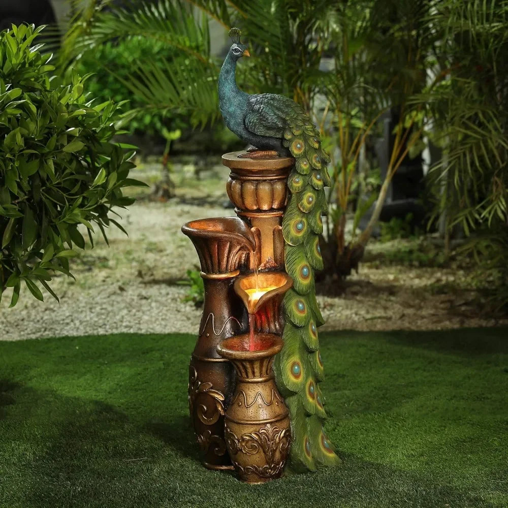 Pedestal Peacock and Urns Garden Water Fountain