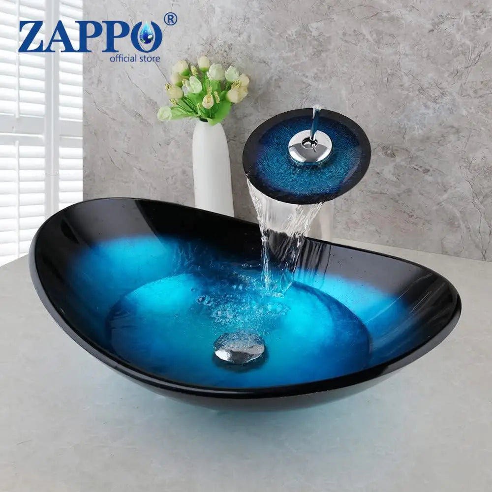 Tempered Vessel Sink with Waterfall Black Faucet
