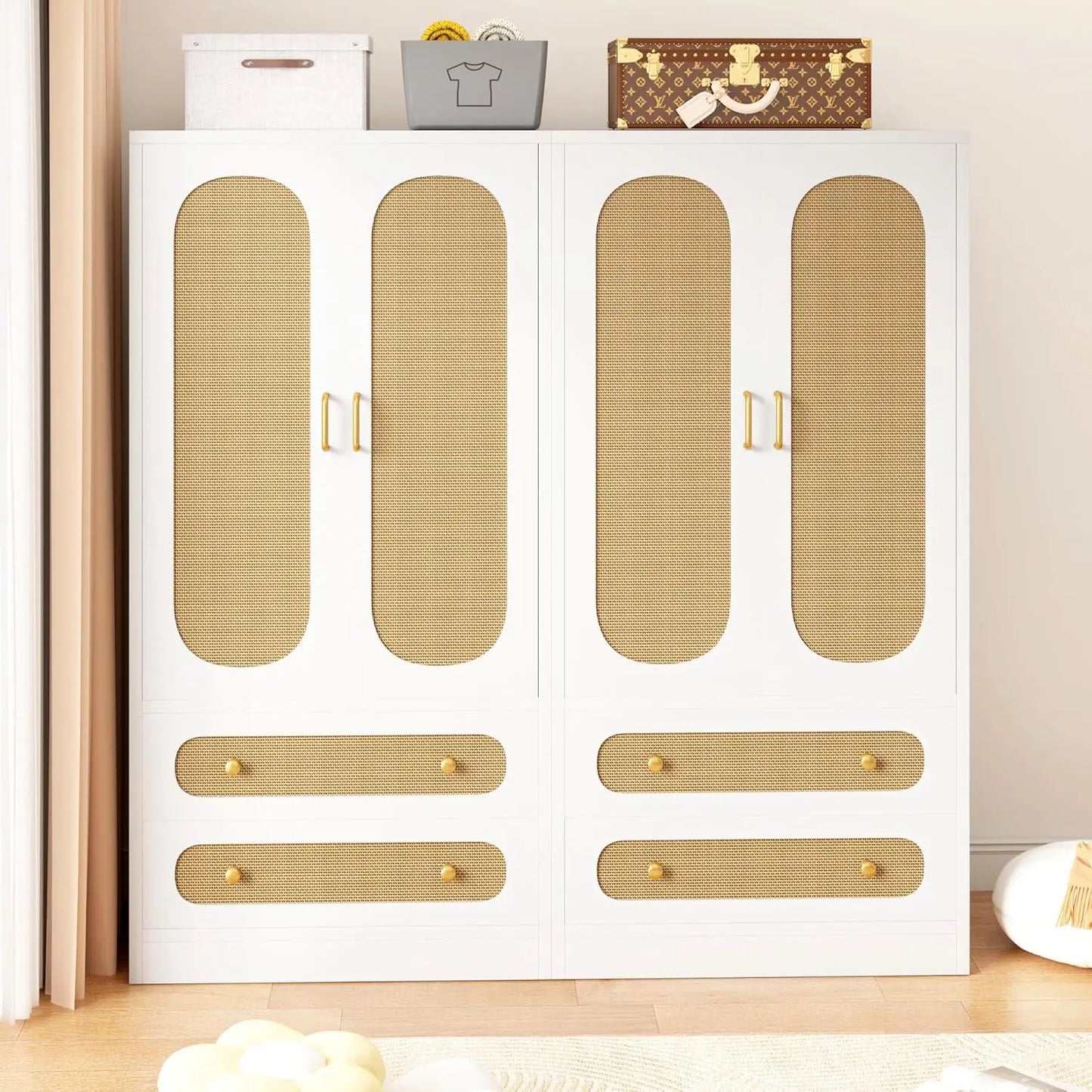 Rattan Wardrobe Cabinet with 4 Storage Drawers