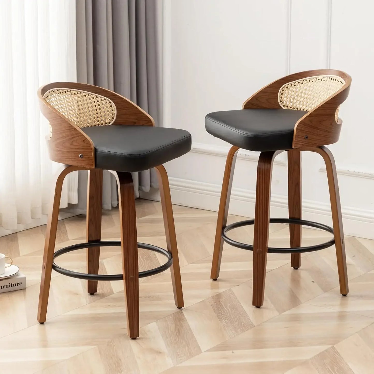 Mid-Century Swivel Rattan Bar Stools Set of 2