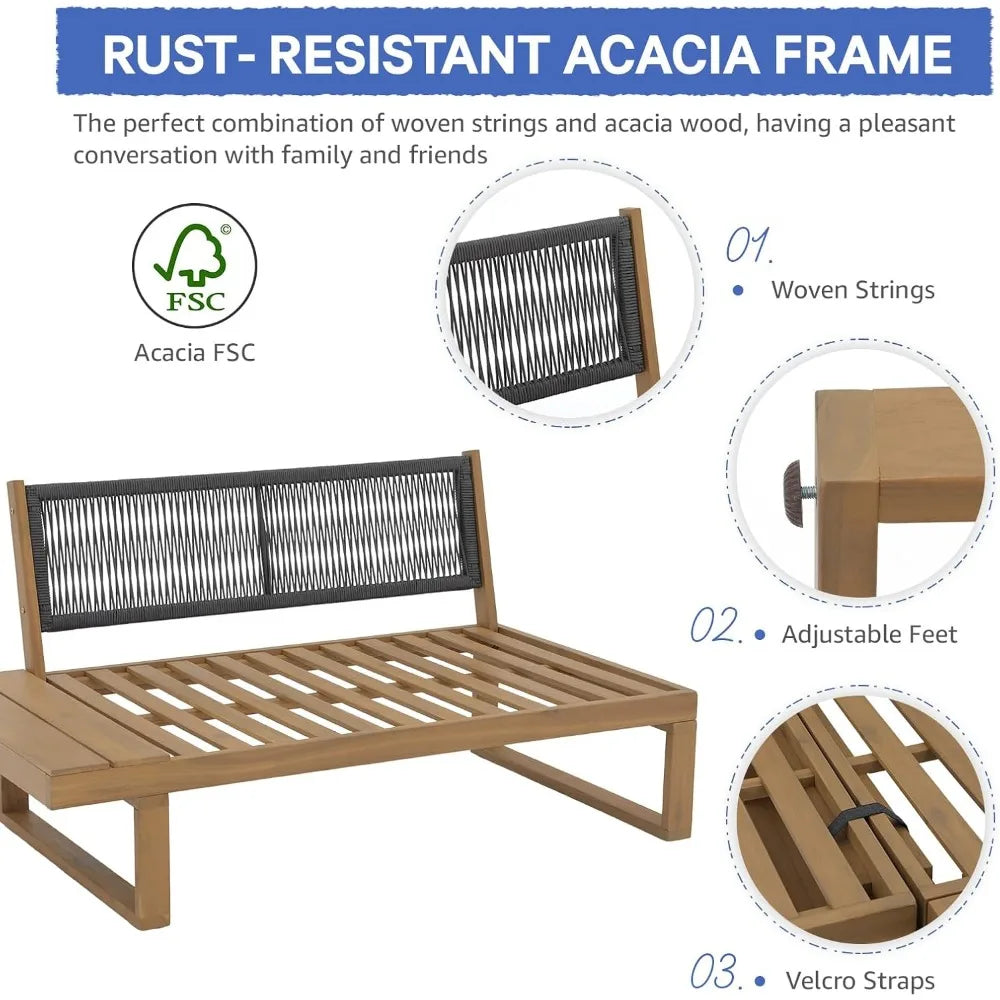 Acacia Wood L-Shaped Sectional Sofa Set