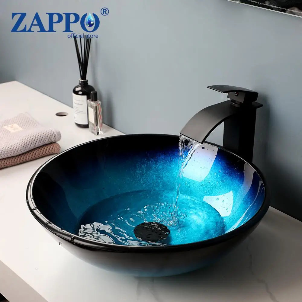 Tempered Vessel Sink with Waterfall Black Faucet