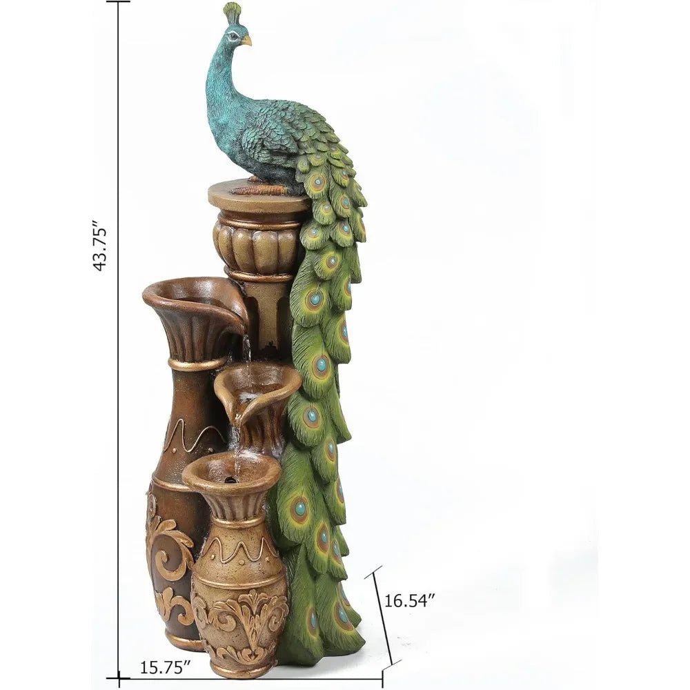 Pedestal Peacock and Urns Garden Water Fountain