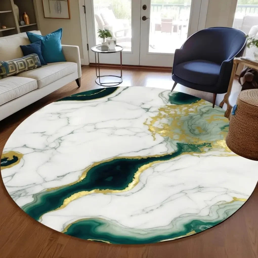 Modern Abstract Black Gold Marble Round Area Rug