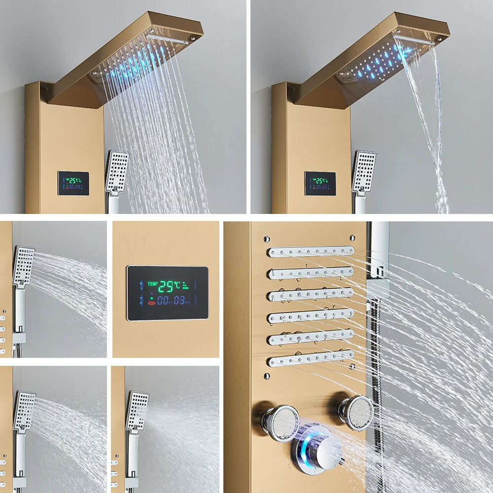 Black LED Light Shower Panel Waterfall Rain Shower