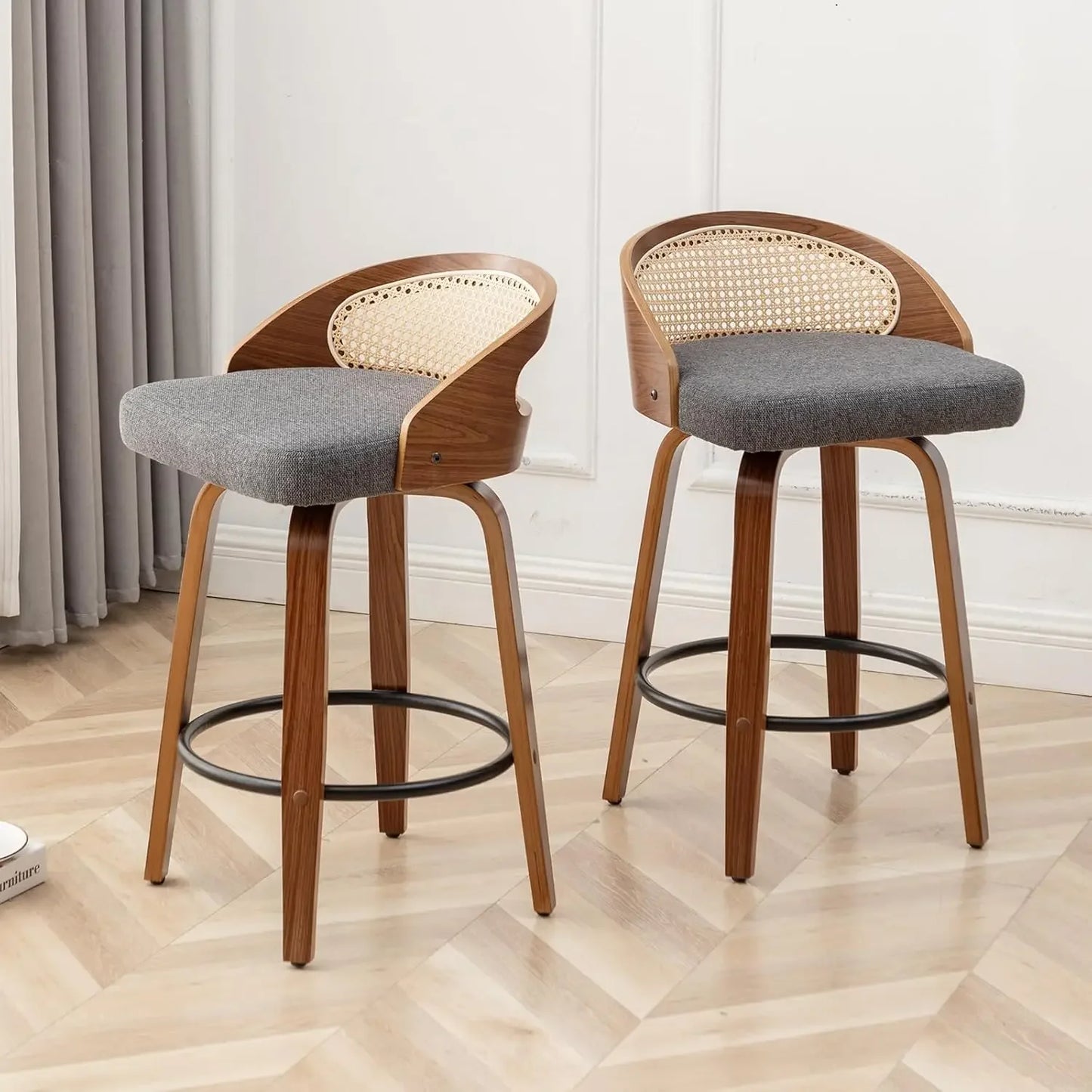 Mid-Century Swivel Rattan Bar Stools Set of 2