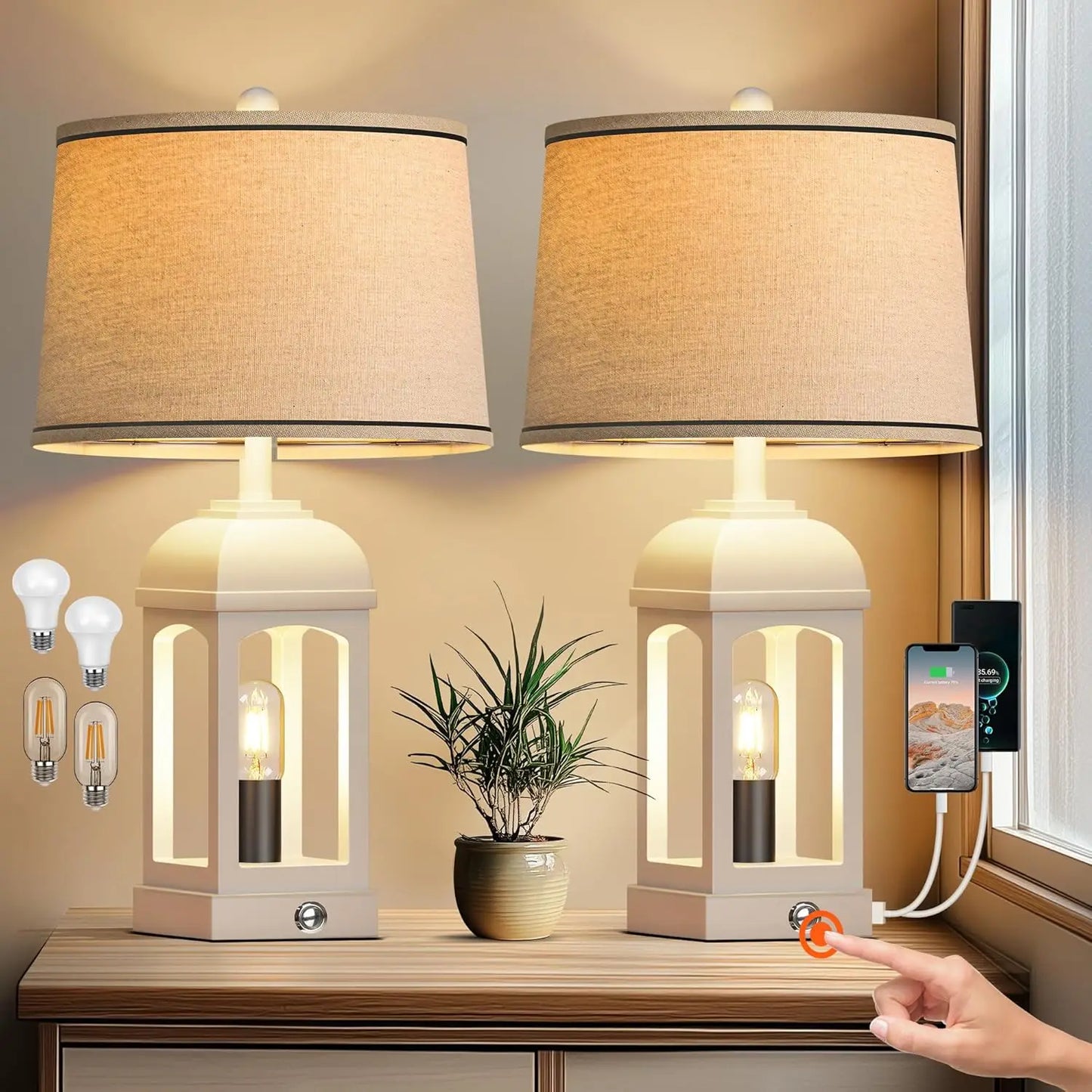 Table Lamp for Living Room Set of 2 with USB A+C and Nightlight