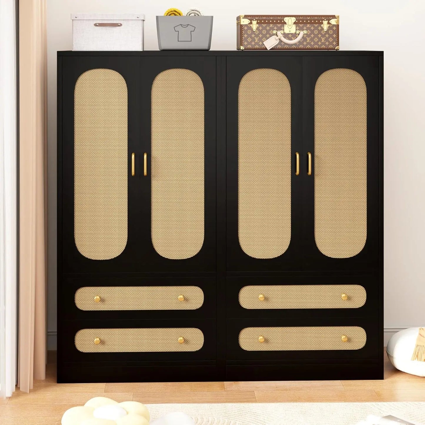Rattan Wardrobe Cabinet with 4 Storage Drawers