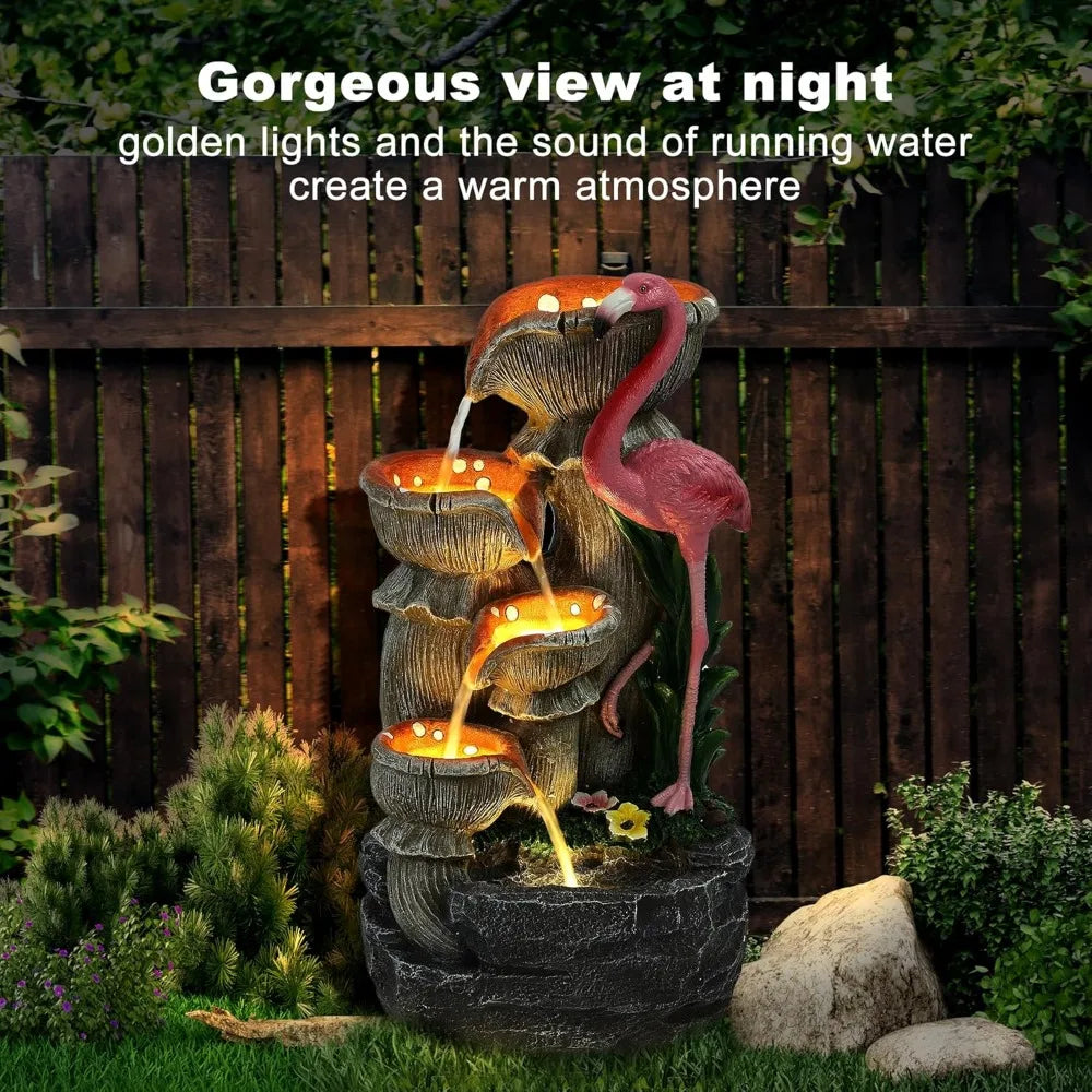 Cascading Garden Fountain with Flamingo