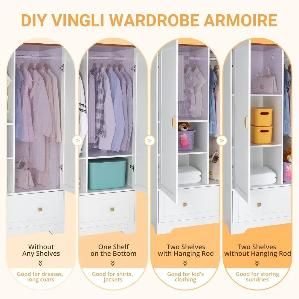 White Armoire Wardrobe with Hanging Rod