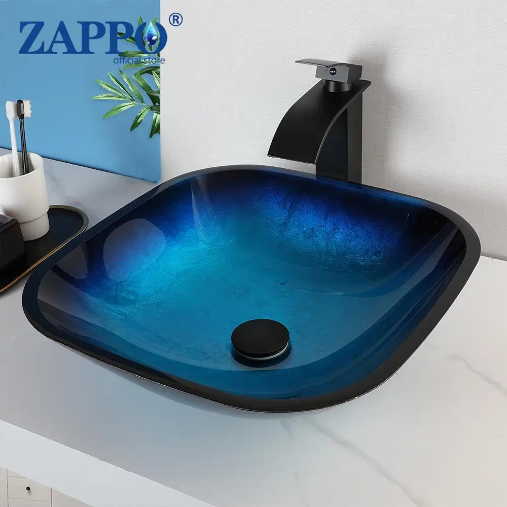Tempered Vessel Sink with Waterfall Black Faucet
