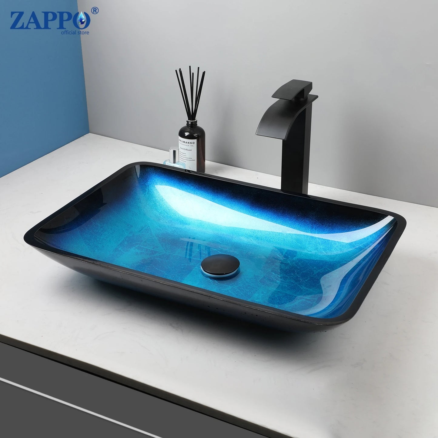 Tempered Vessel Sink with Waterfall Black Faucet