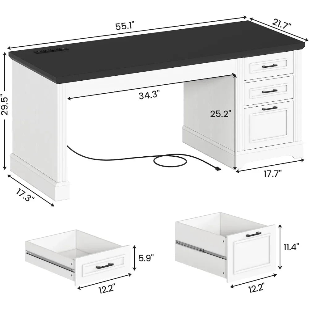 Executive Office Desk with 3 Drawers & Power Outlet