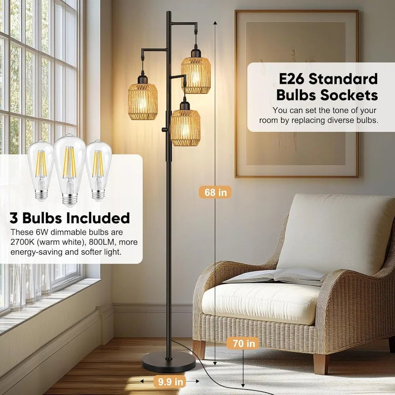 3 Light Farmhouse Rattan Floor Lamp