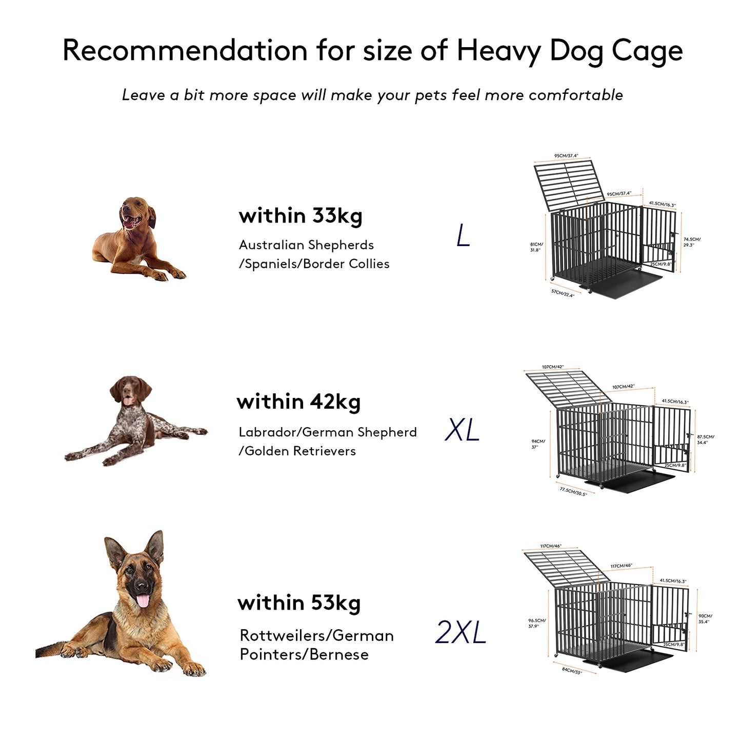 Heavy Duty Dog Crate with 4 Lockable Wheels 3 Doors and Removable Tray