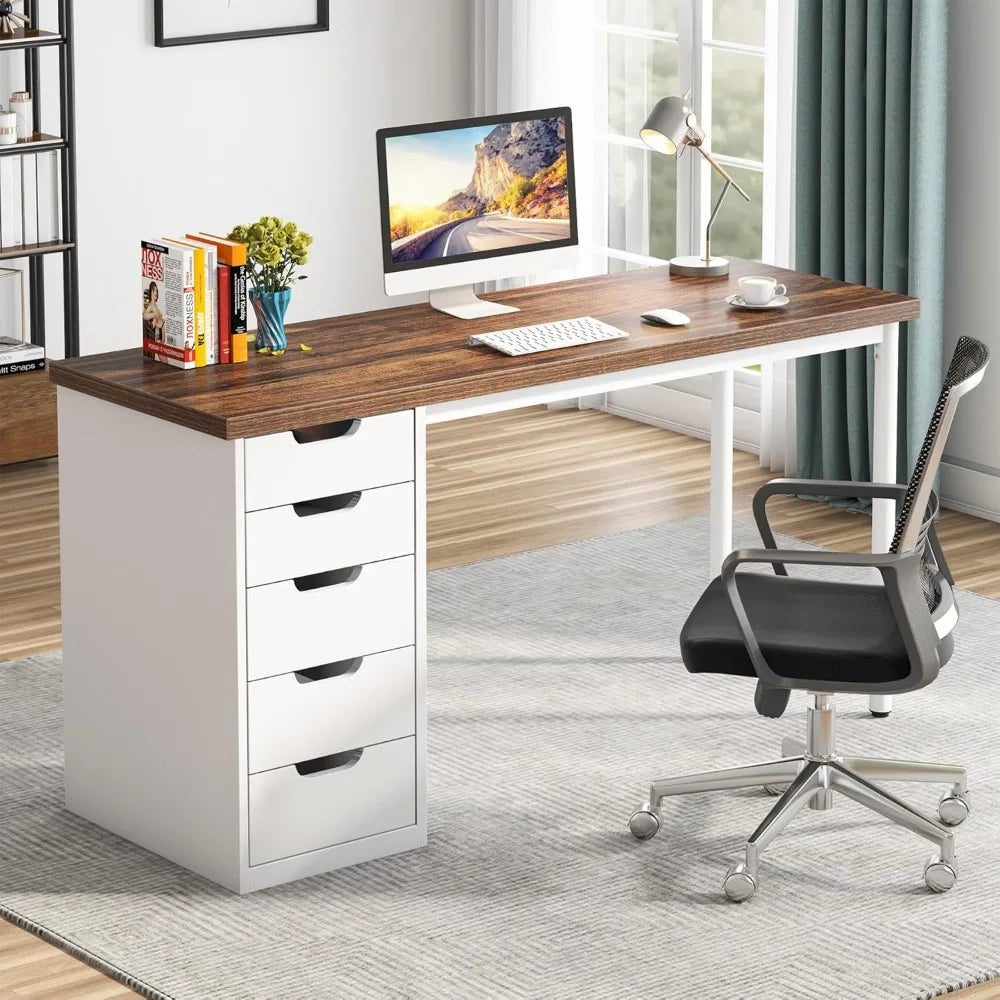 Modern Simple Computer Desk with 5 Drawers