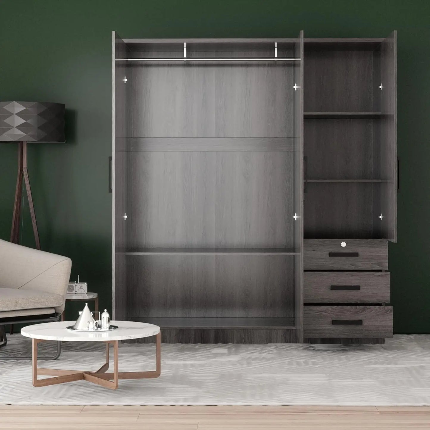 Wardrobe Closet 3 Doors and 3 Drawers (Grey)