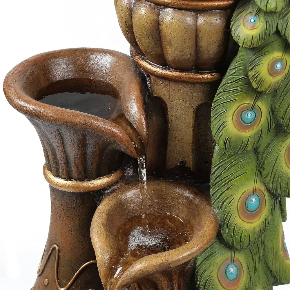 Pedestal Peacock and Urns Garden Water Fountain