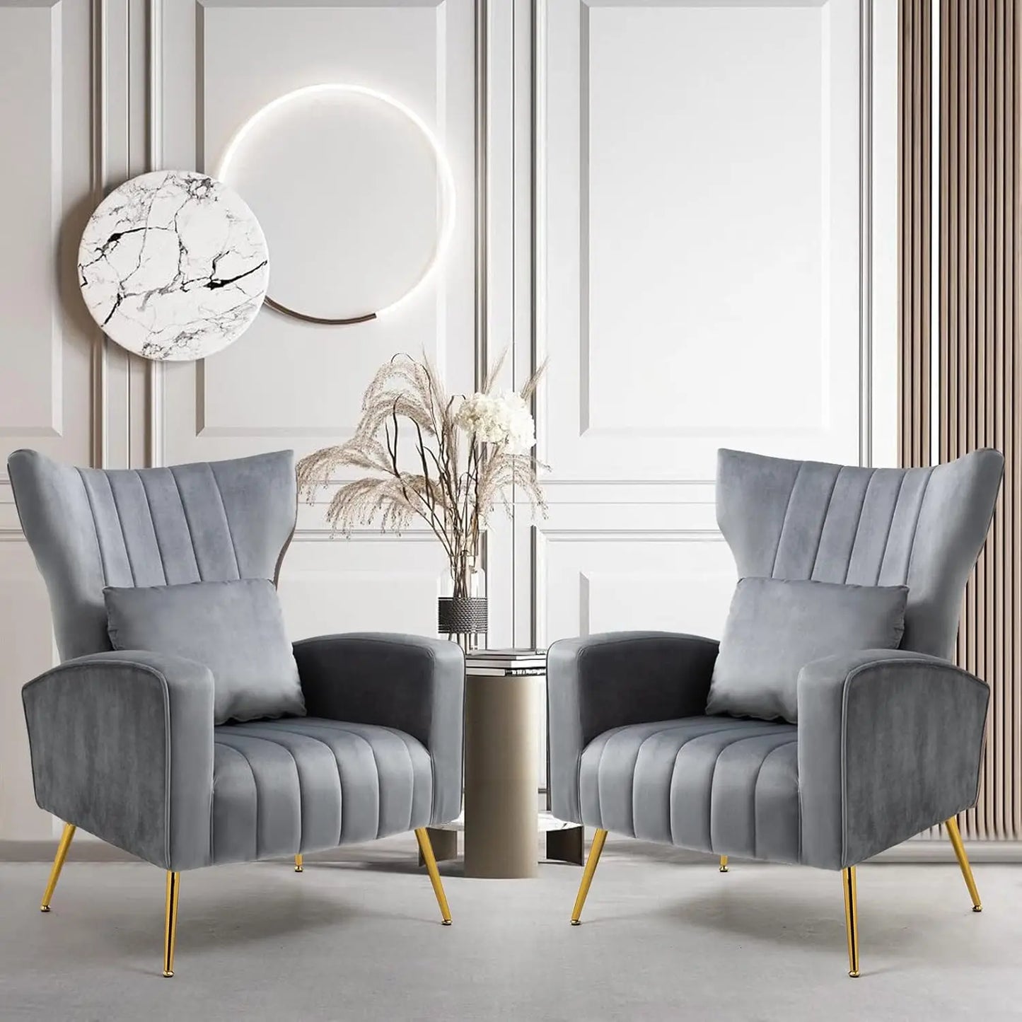 Set of 2 Modern Velvet Accent Chairs with Lumbar Pillow