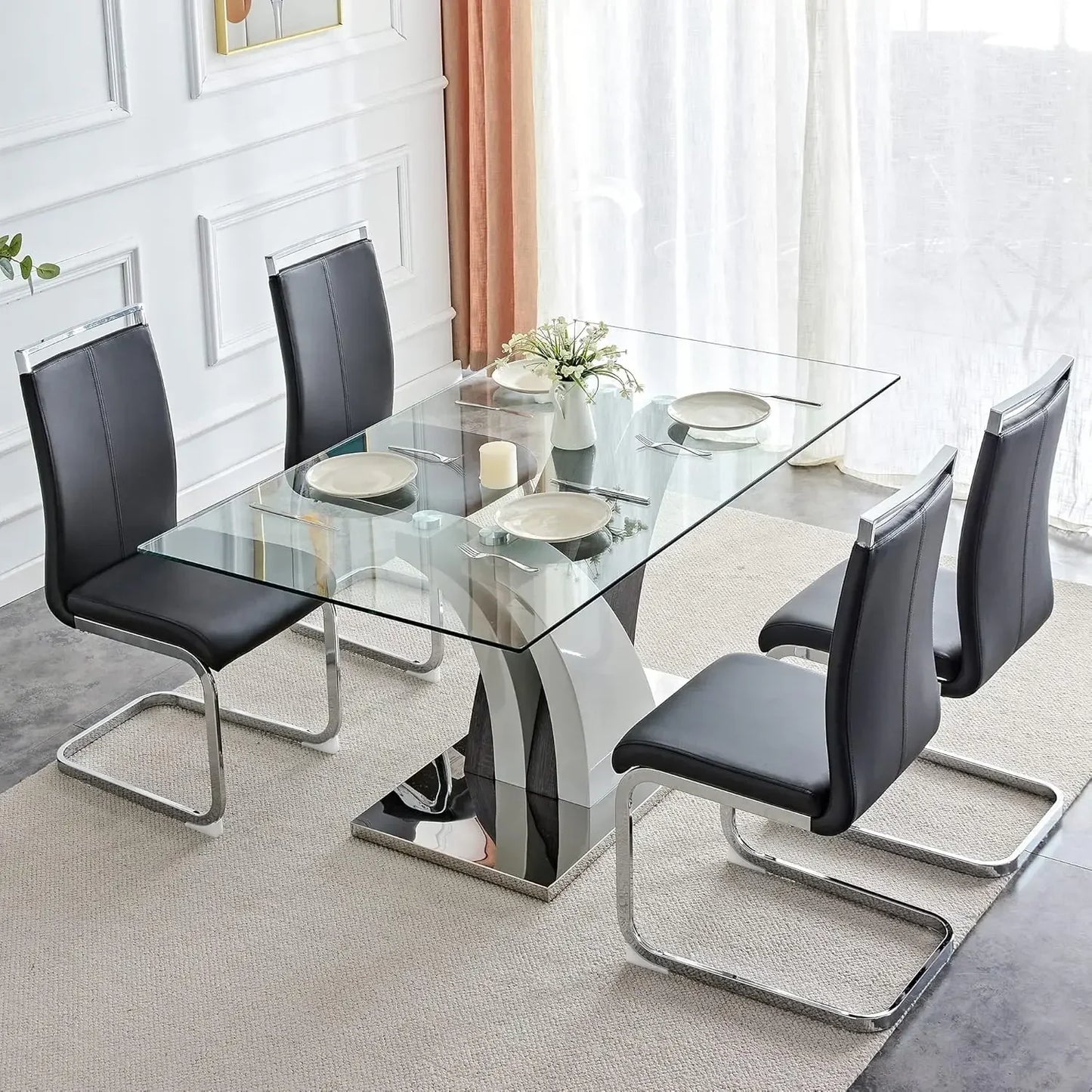 Glass dining table with 4 leather chairs