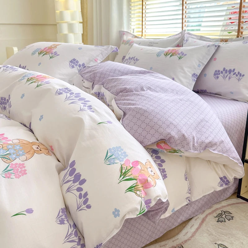 Floral Duvet Cover with Zipper and 2 Pillowcases