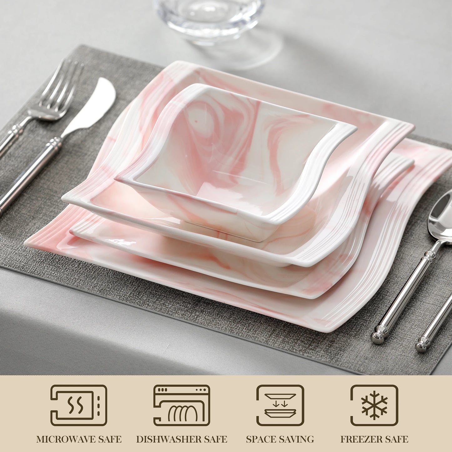 European Marble Pink Porcelain Tableware Set for 6