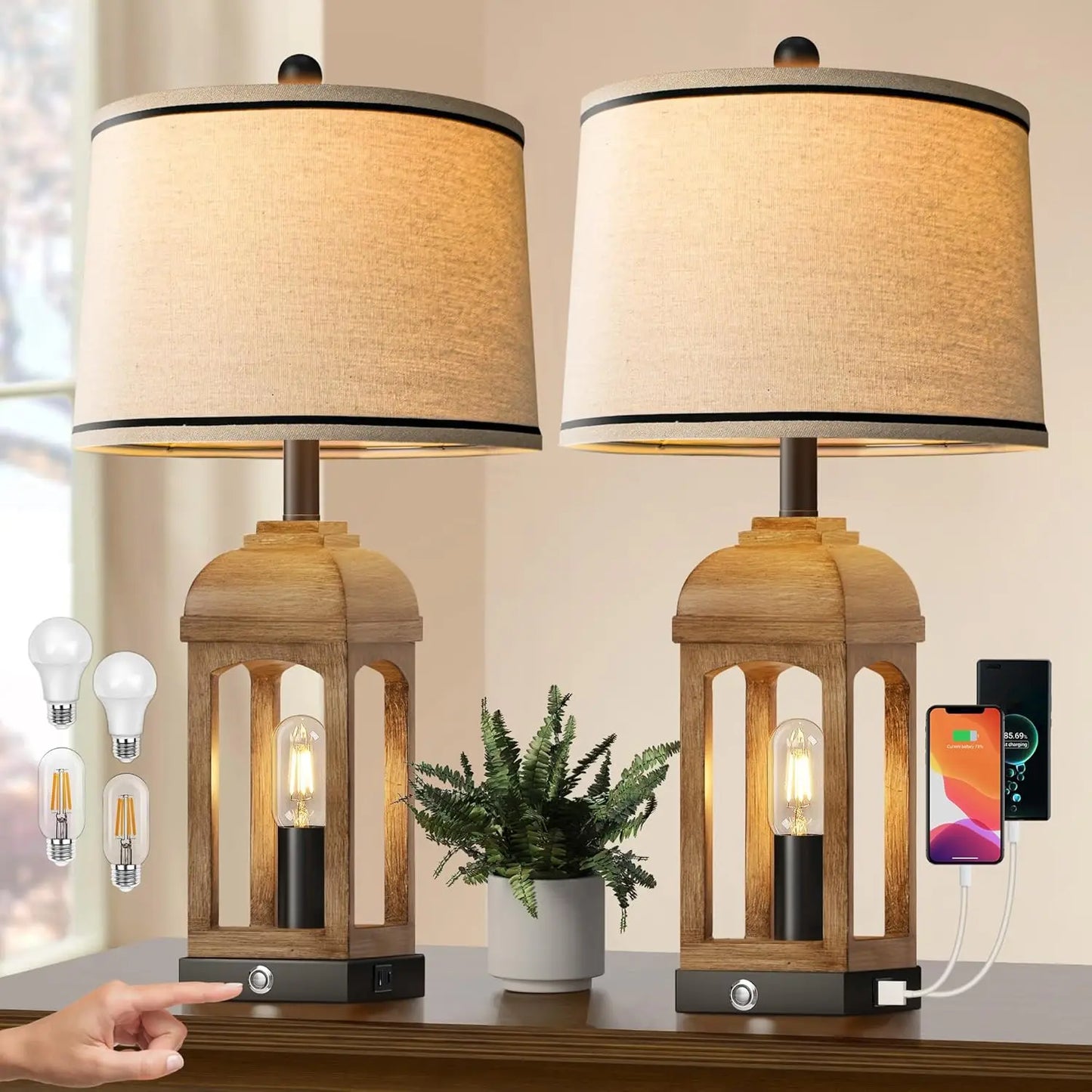 Table Lamp for Living Room Set of 2 with USB A+C and Nightlight
