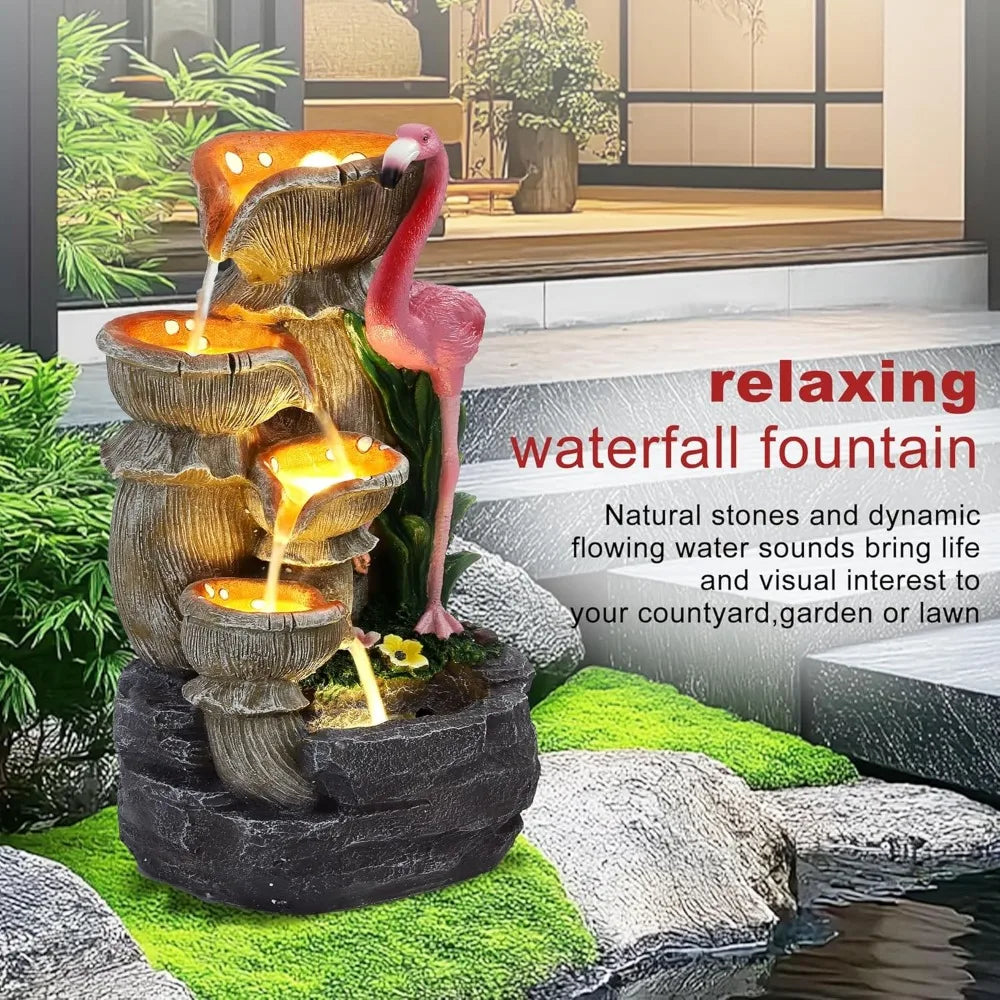 Cascading Garden Fountain with Flamingo
