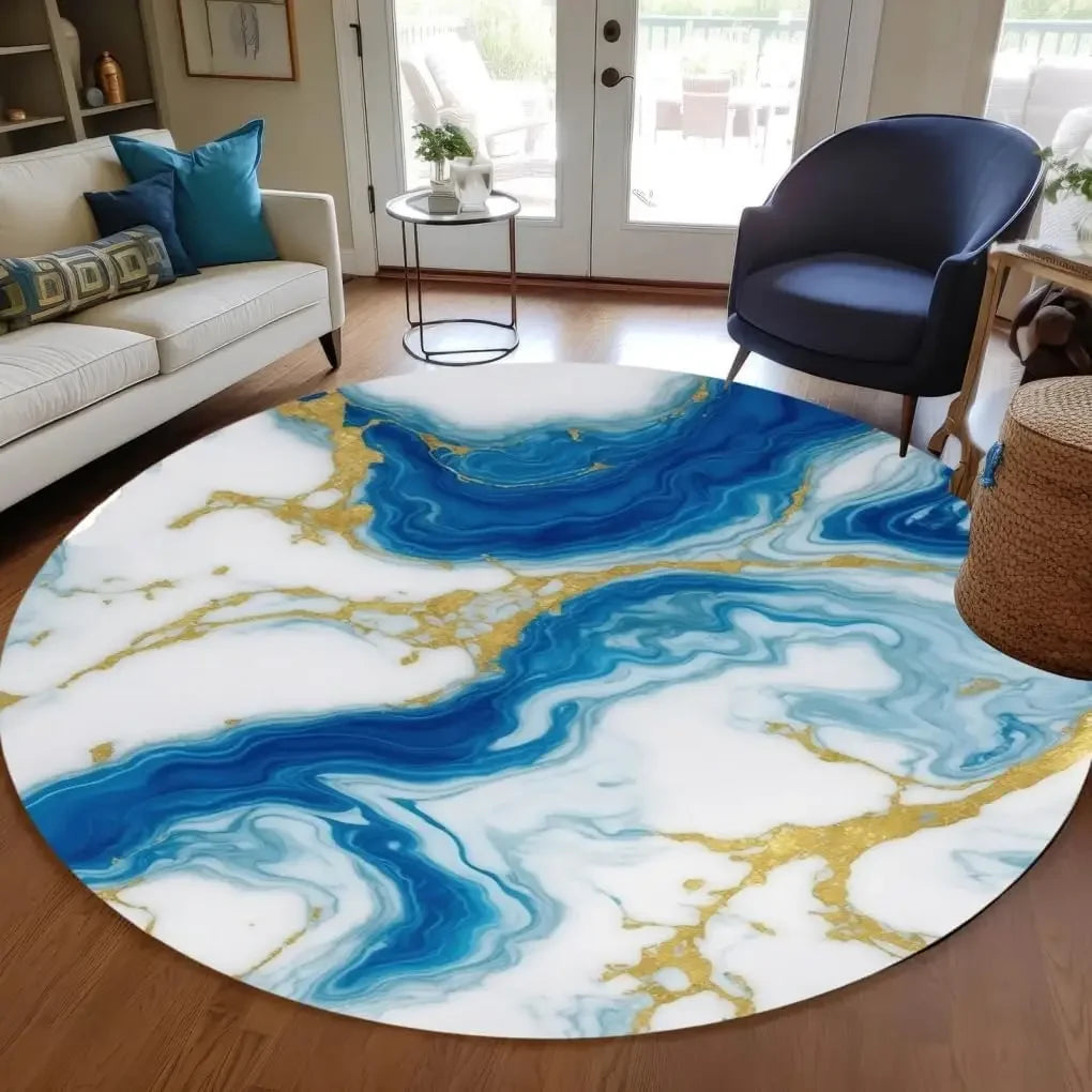 Modern Abstract Black Gold Marble Round Area Rug