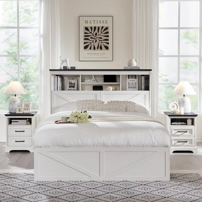 Luxury White Bedroom Furniture LED Light Bed Headboard Charging Station