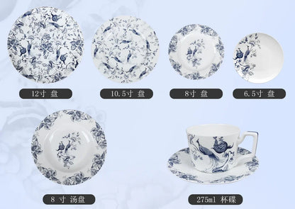 Bone Porcelain Dining Plate Coffee Tea Cup  Flower Bird Tableware