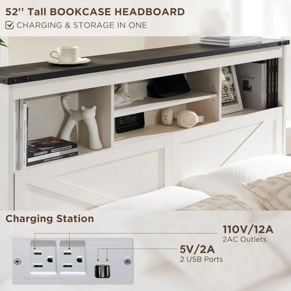 Luxury White Bedroom Furniture LED Light Bed Headboard Charging Station