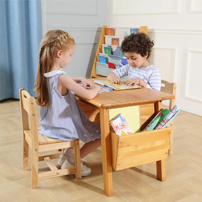 Wood Table and 2 Chair Set with Storage Desk