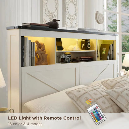 Luxury White Bedroom Furniture LED Light Bed Headboard Charging Station