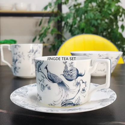 Bone Porcelain Dining Plate Coffee Tea Cup  Flower Bird Tableware