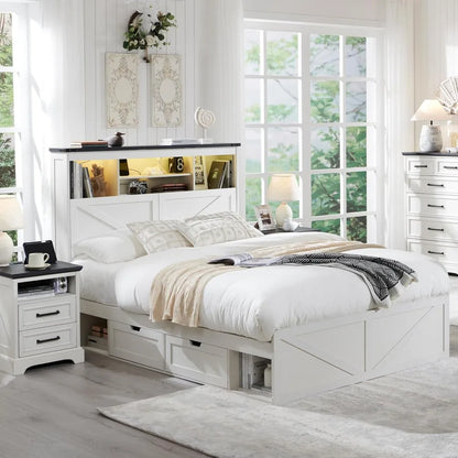 Luxury White Bedroom Furniture LED Light Bed Headboard Charging Station