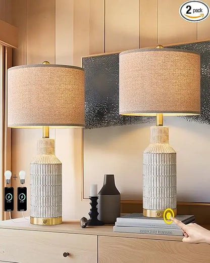 25in Modern Ceramic 3 Way Dimmable Touch Control Set of 2 Table Lamp